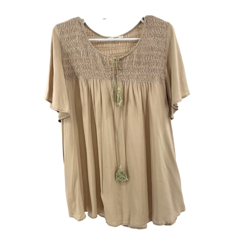 Easel ruffle cap sleeve lightweight beige boho tunic L smocked tassel popover